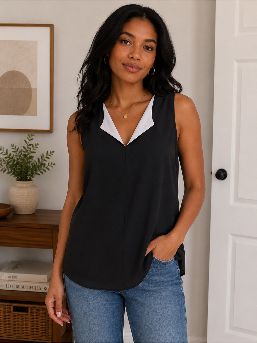 Coldwater Creek Black Sleeveless V-Neck Camisole with White Trim